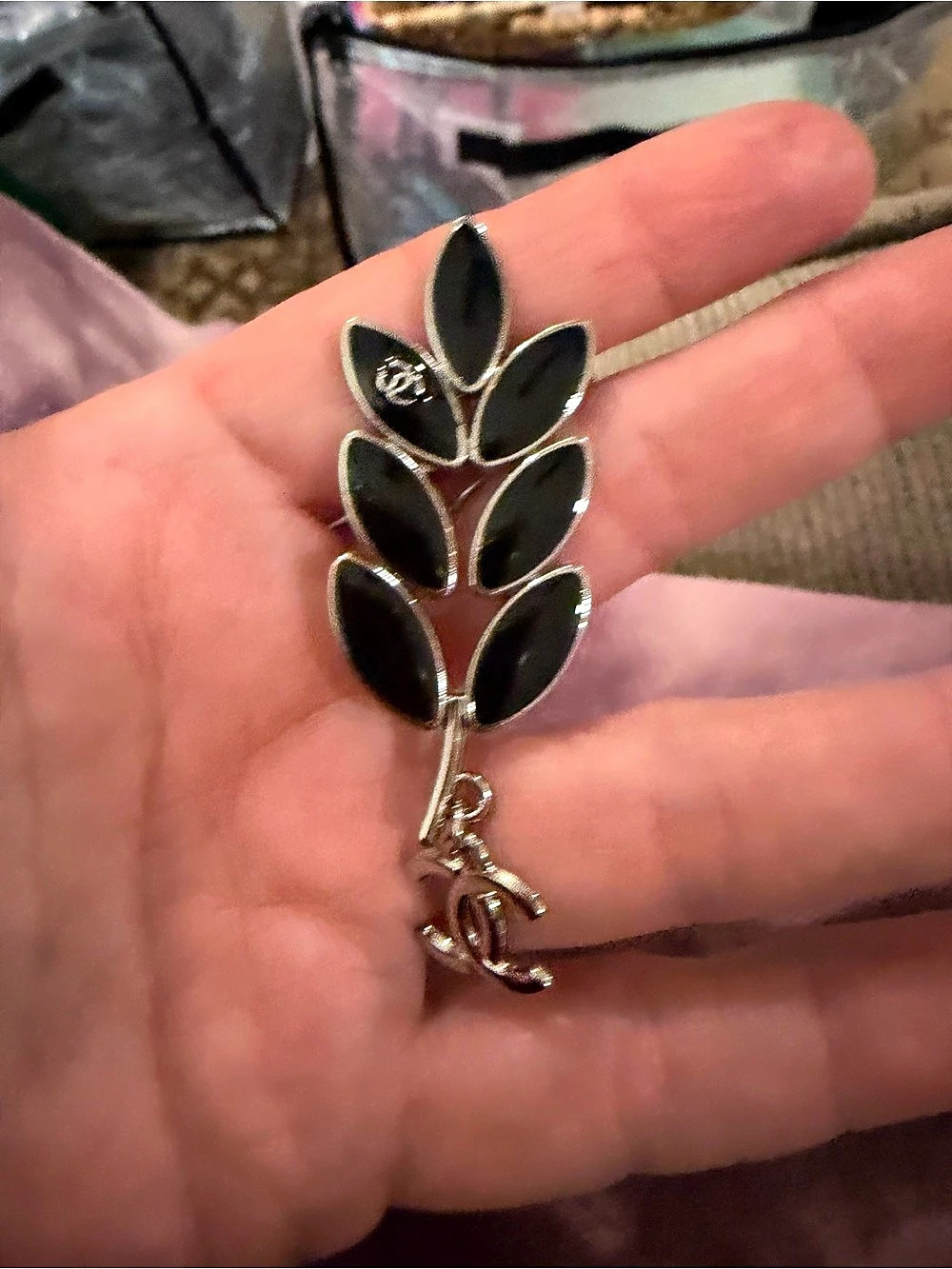 Gold tone Black Leaf Brooch Pin